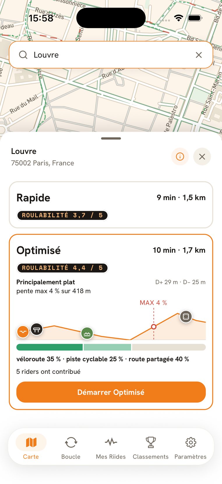 Rapide ou Optimisé : roulabilité sur 5, profil de dénivelé avec les obstacles signalés et types de voie