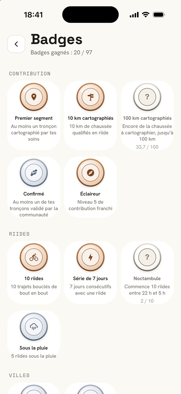 Badges : contribution, riides, villes et défis