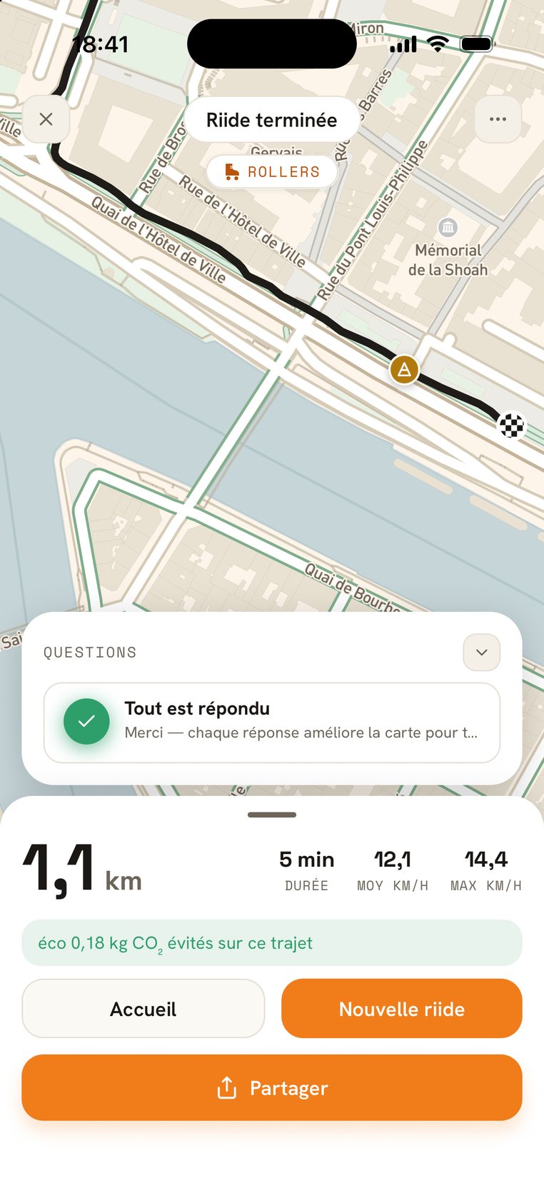 Riide terminée : toutes les questions sont répondues, chaque réponse améliore la carte