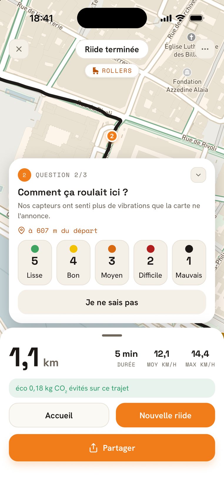 Après la riide, une question sur la carte : « Comment ça roulait ici ? », là où les capteurs ont senti plus de vibrations que prévu