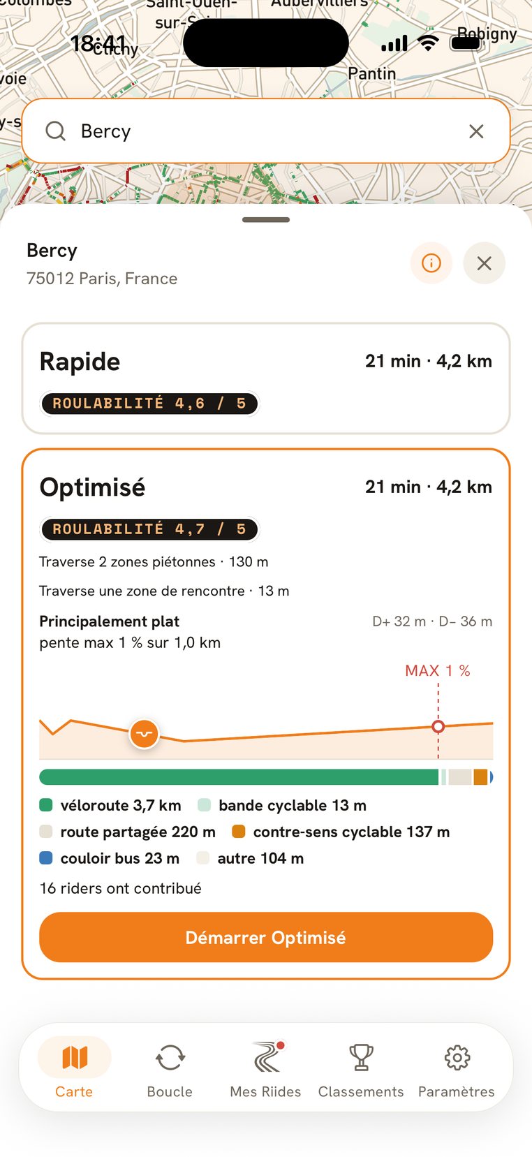 Choix d'itinéraire : Rapide ou Optimisé, avec la roulabilité sur 5 et le profil de dénivelé