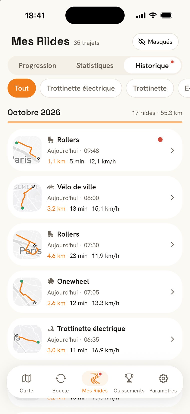 Mes Riides : l'historique de tes trajets, tous engins confondus